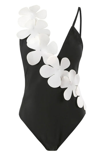 Black White 2-Piece V Neck Beach Swimwear with 3D Flowers